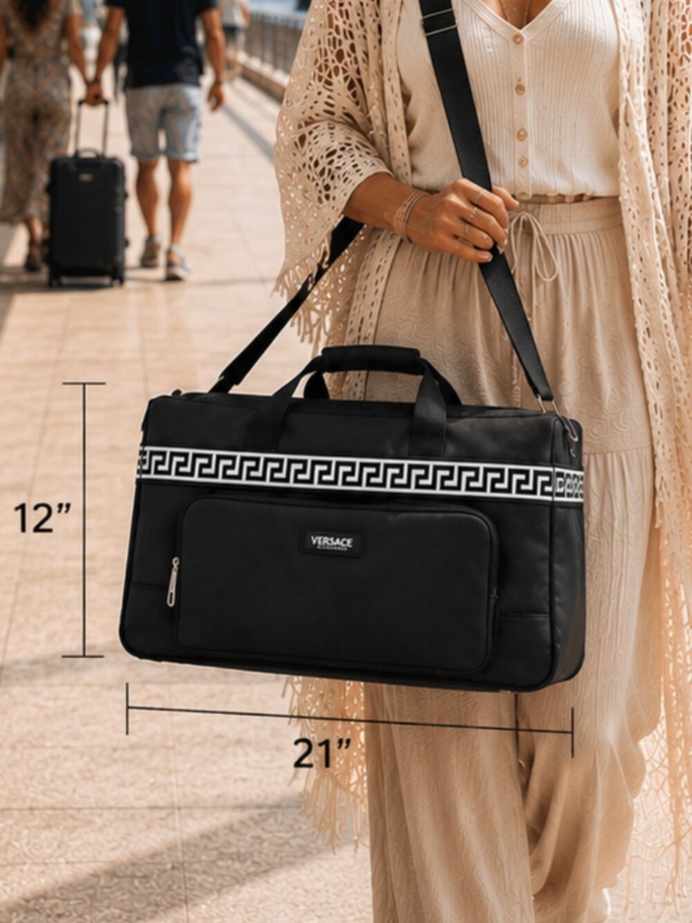 Versace Black White Greca Pattern Greek Key Oversized Weekender Duffle Bag